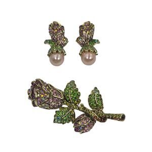 Heidi Daus "A Rose Is A Rose" Crystal Rose Brooch/Pin and Pierced Earrings Set